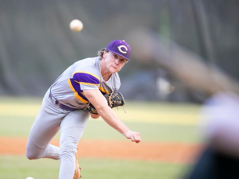 Columbia's Joshua Fernald pitches in an April 7 game against Gainesville Buchholz.