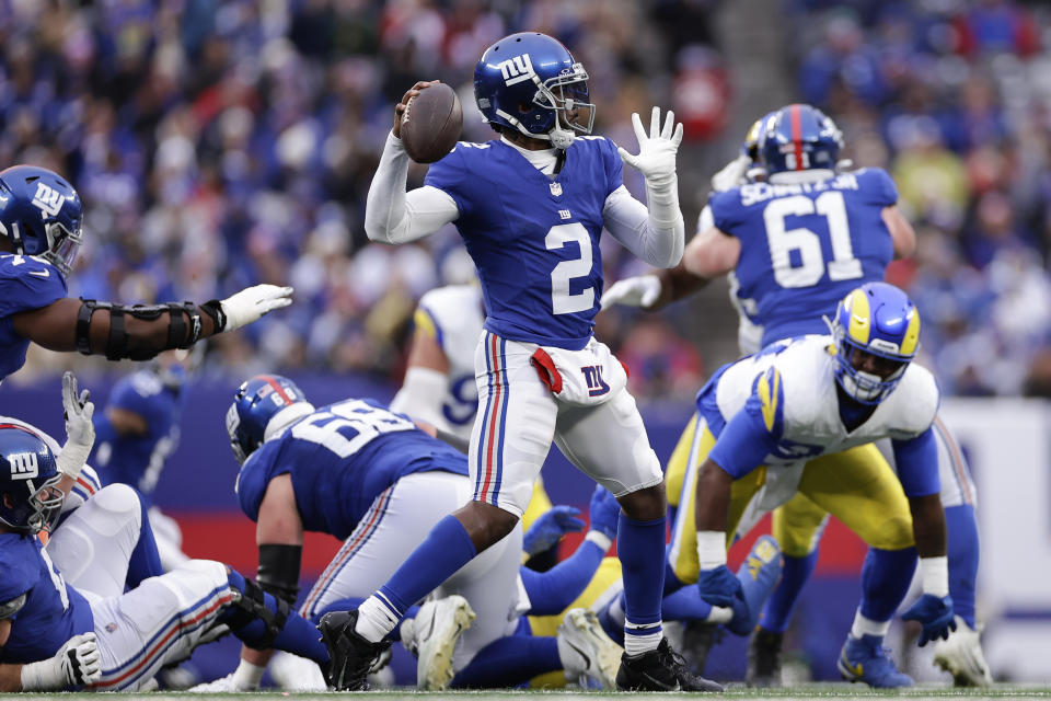 New York Giants quarterback Tyrod Taylor (2) throws during the second half an NFL football game against the Los Angeles Rams, Sunday, Dec. 31, 2023, in East Rutherford, N.J. (AP Photo/Adam Hunger)