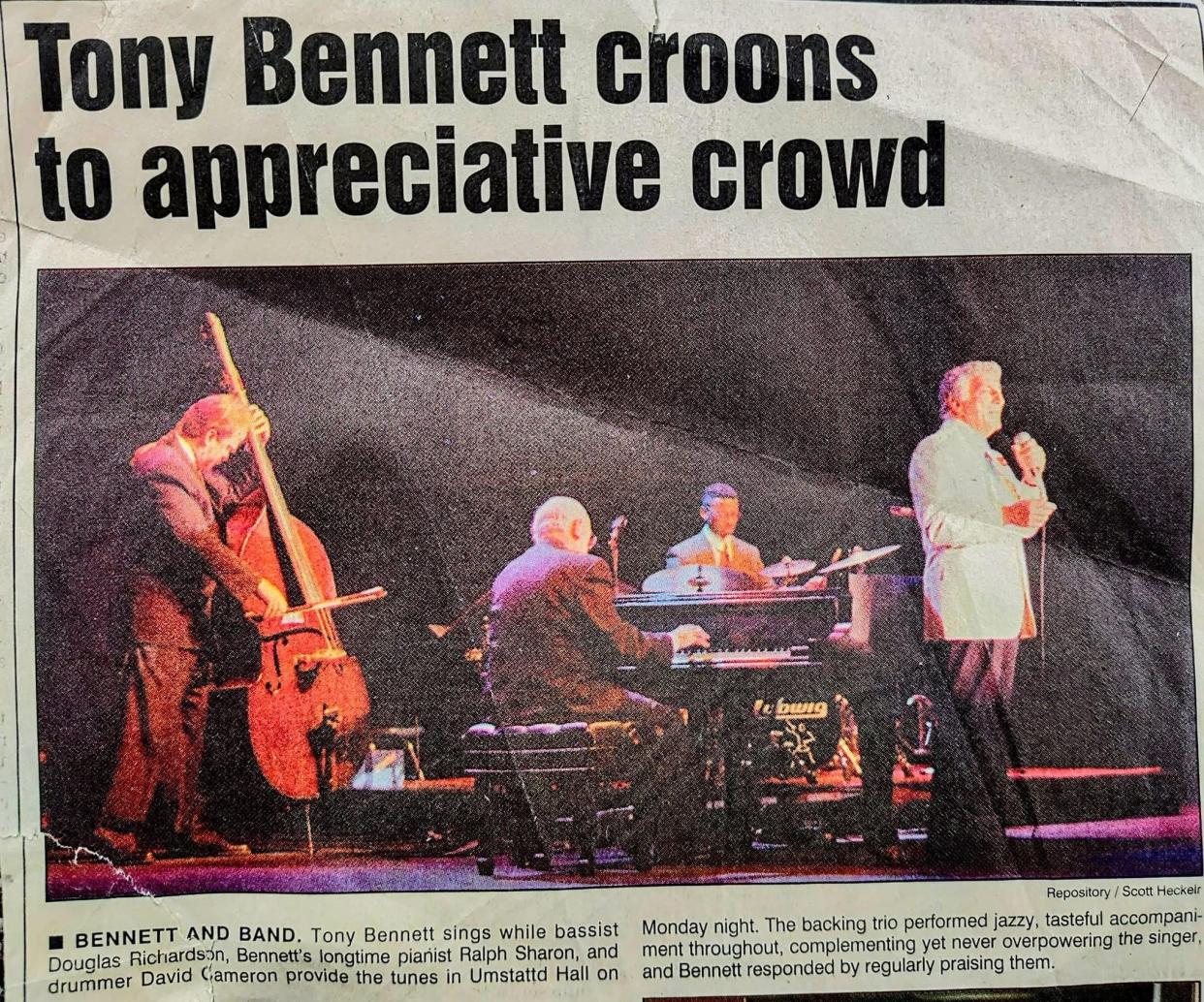 The late Tony Bennett, who recently died at age 96, was photographed by now-retired Repository photographer Scott Heckel and the singer's October 1994 show at Umstattd Hall in Canton, a benefit for the Boy Scouts of America, was reviewed by now-retired entertainment editor Dan Kane. The image showing a crinkled, torn newspaper was pulled from Kane's archives upon learning of Bennett's death.