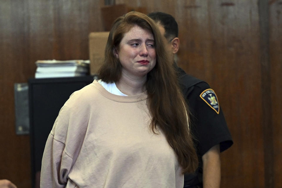 Lauren Pazienza appears in court Wednesday, Aug. 23, 2023, in New York. Panzienza, 28, who fatally shoved 87-year-old Broadway singing coach Barbara Gustern in Manhattan last year, pleaded guilty Wednesday to manslaughter in a plea deal requiring she serve eight years behind bars. (Curtis Means/Pool Photo via AP)