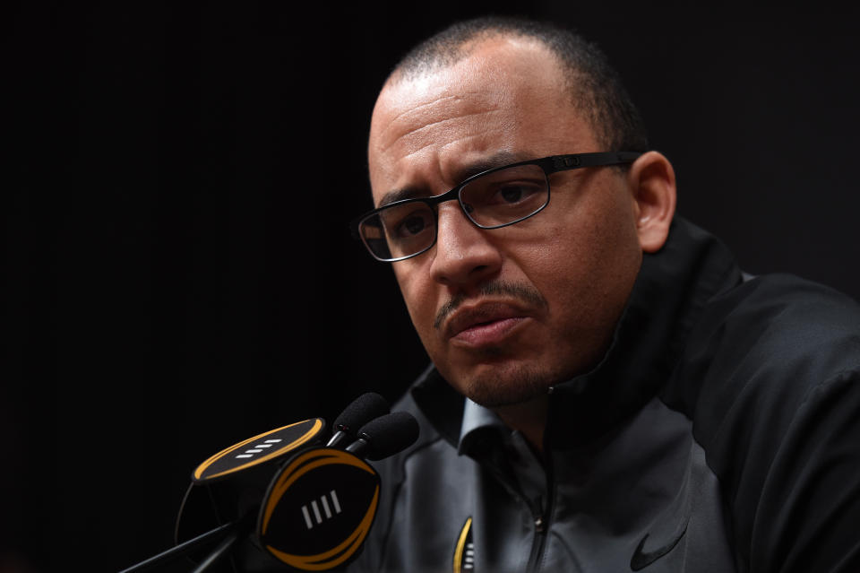 Clemson Tigers co-offensive coordinator Tony Elliott answers questions during the Clemson Tigers media day for the College Football Playoff title game. (Chris Williams/Icon Sportswire via Getty Images)