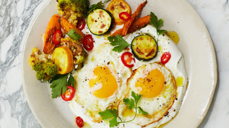 Breakfast Bowl with Fried Eggs, Yogurt, and Vegetables