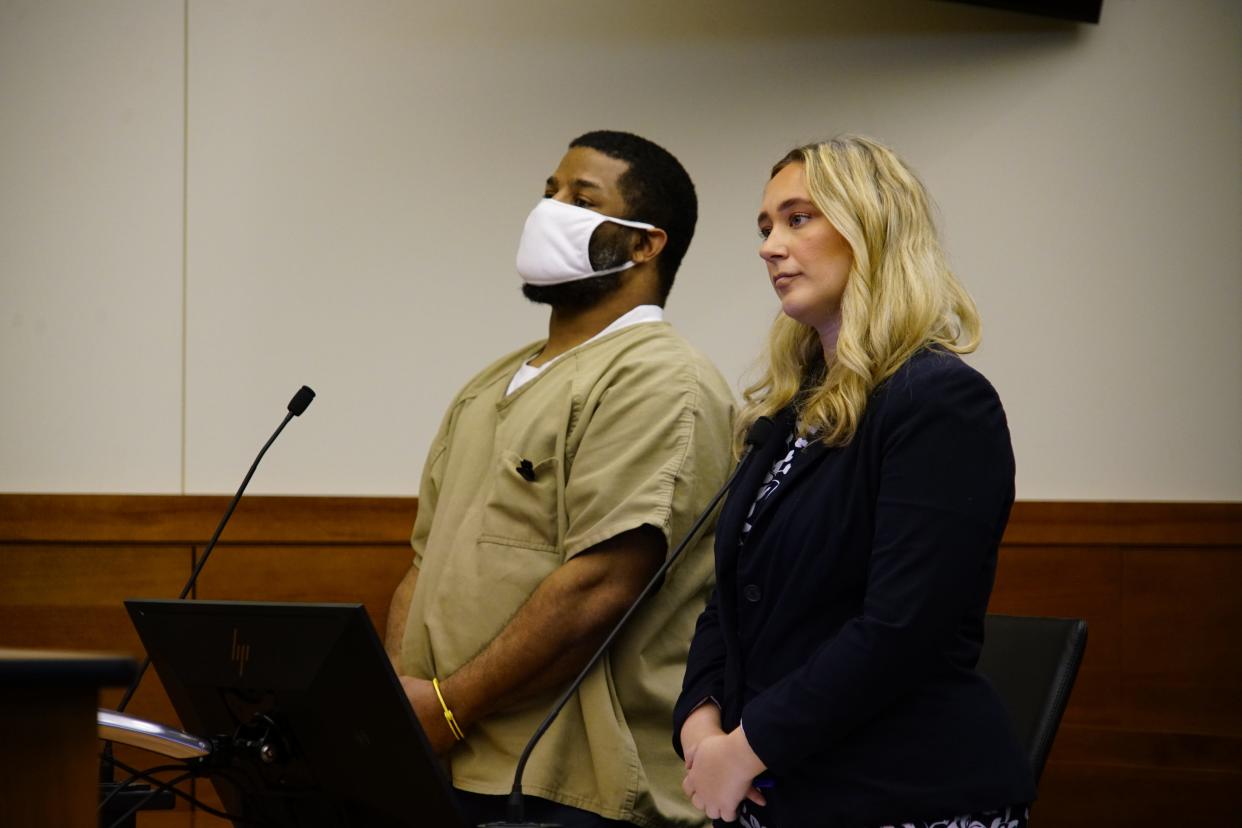 Jermaine King, 42, of Columbus, seen at left standing next to one of his defense attorneys, Katherine Clark, did not speak Monday, Nov. 6, 2023, during his sentencing hearing in Franklin County Common Pleas Court for the 2022 murder of 51-year-old barber Lawrence Jefferson, of Reynoldsburg. Judge Karen Phipps sentenced King to life in prison with the opportunity for parole in 18 years.