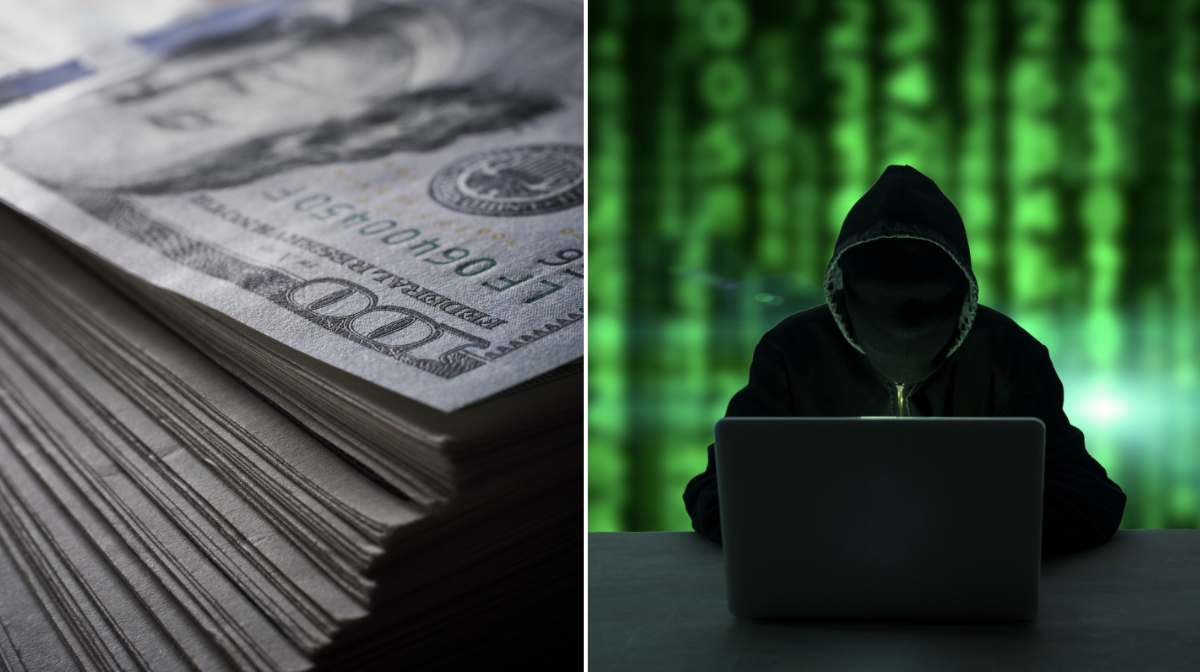 Pile of money and masked scammer in front of laptop over green code background