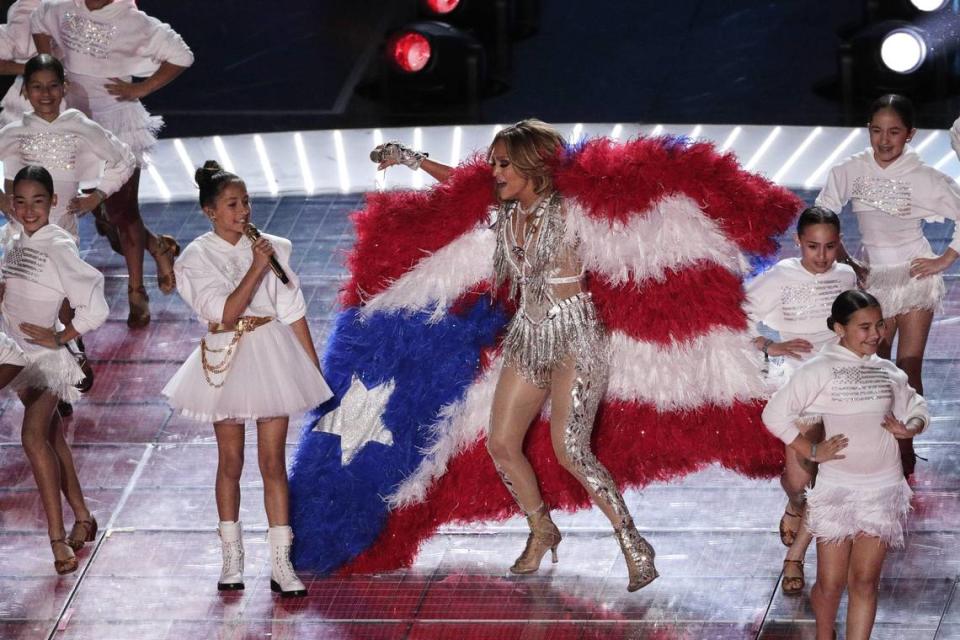 Jennifer Lopez and daughter Emme Maribel Muniz perform during halftime of the NFL Super Bowl 54 football game Sunday, Feb. 2, 2020, in Miami Gardens, Florida.