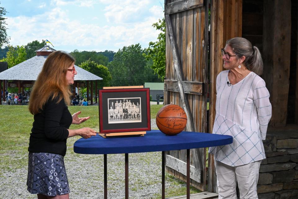 Appraiser Leila Dunbar, left, discusses a collection of Boston Celtics memorabilia during the "Antiques Roadshow" summer tour 2022 at Shelburne Museum on July 12, 2022.