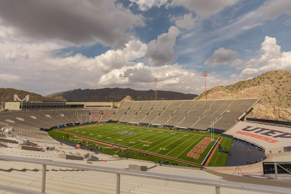 The UTEP marching rehearses in the stadium before the season opener against North Texas at UTEP on Saturday, Aug. 27, 2022.