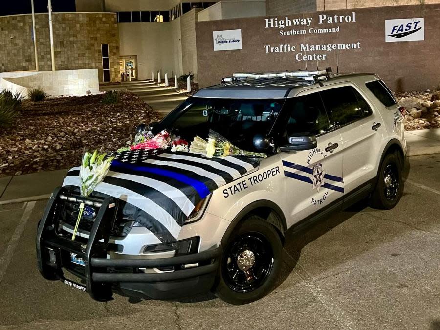 <em>Tribute vehicle in front of the Nevada State Police building in honor of fallen officers Sergeant Michael Abbate and Trooper Alberto Felix (Courtesy of Nevada State Police)</em>