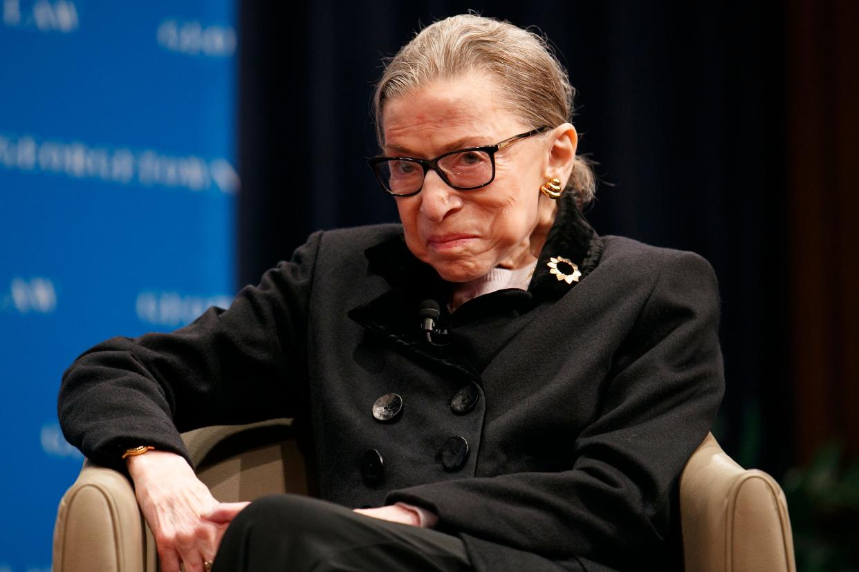 Supreme Court Justice Ruth Bader Ginsberg attends a panel with former President Bill Clinton and former Secretary of State Hillary Clinton, Wednesday, Oct. 30, 2019, at Georgetown Law's second annual Ruth Bader Ginsburg Lecture, in Washington. (AP Photo/Jacquelyn Martin)