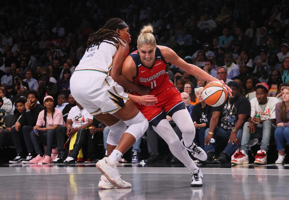 Elena Delle Donne of the Washington Mystics plays against the New York Liberty during the WNBA playoffs at the Barclays Center on September 19, 2023 in the Brooklyn.