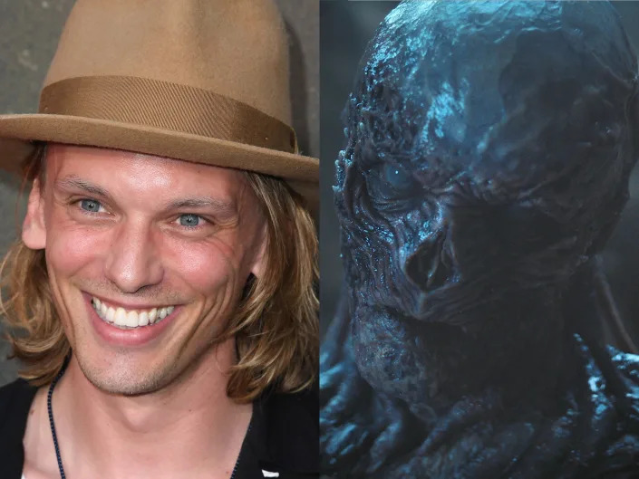 left: jamie campbell bower smiling on a red carpet wearing a light brown fedora; right: jamie campbell bower in full prosthetic makeup as vecna in stranger things.