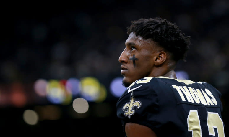 A closeup of Michael Thomas during a New Orleans Saints game.