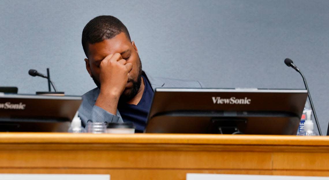 Durham city council member Leonardo Williams listens to the council debate bonuses for sanitation workers during a council work session at City Hall in Durham, N.C., Thursday, Sept. 7, 2023.