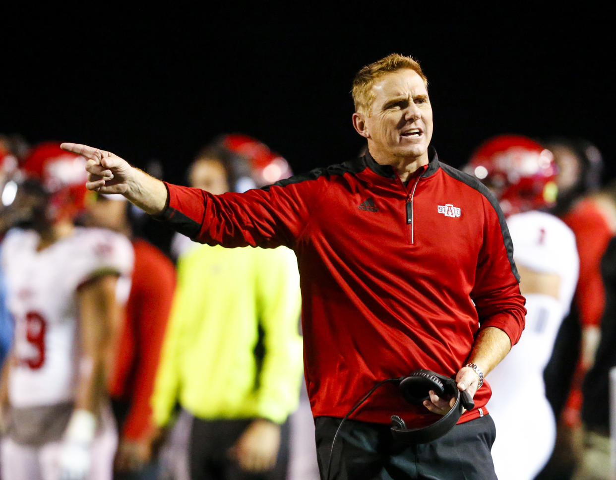 Arkansas State oach Blake Anderson reacts to a call during the second half of the team's NCAA college football game against Troy, Thursday, Nov. 17, 2016, in Troy, Ala. Arkansas State won 35-3. (AP Photo/Butch Dill)