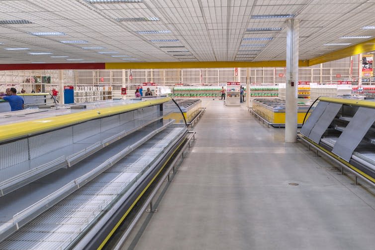 <span class="caption">Empty shelves in a Venezuelan supermarket.</span> <span class="attribution"><a class="link " href="https://www.shutterstock.com/image-photo/caracas-venezuela-january-14-2018-empty-1032262798" rel="nofollow noopener" target="_blank" data-ylk="slk:Sunsinger/Shutterstock.;elm:context_link;itc:0;sec:content-canvas">Sunsinger/Shutterstock.</a></span>