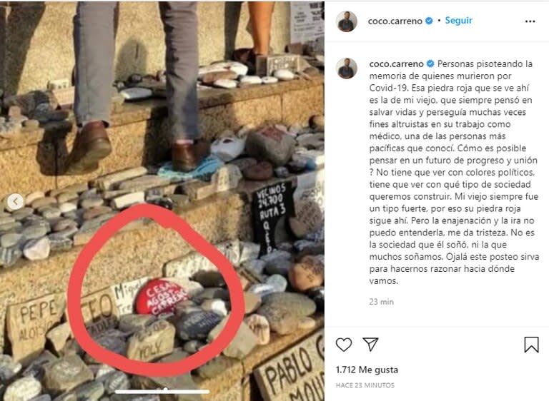 La publicación con la que Coco Carreño criticó la vandalización del memorial del Covid-19 en el monumento a Manuel Belgrano