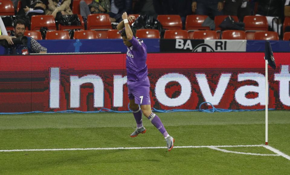 <p>Real Madrid’s Cristiano Ronaldo celebrates scoring their first goal </p>