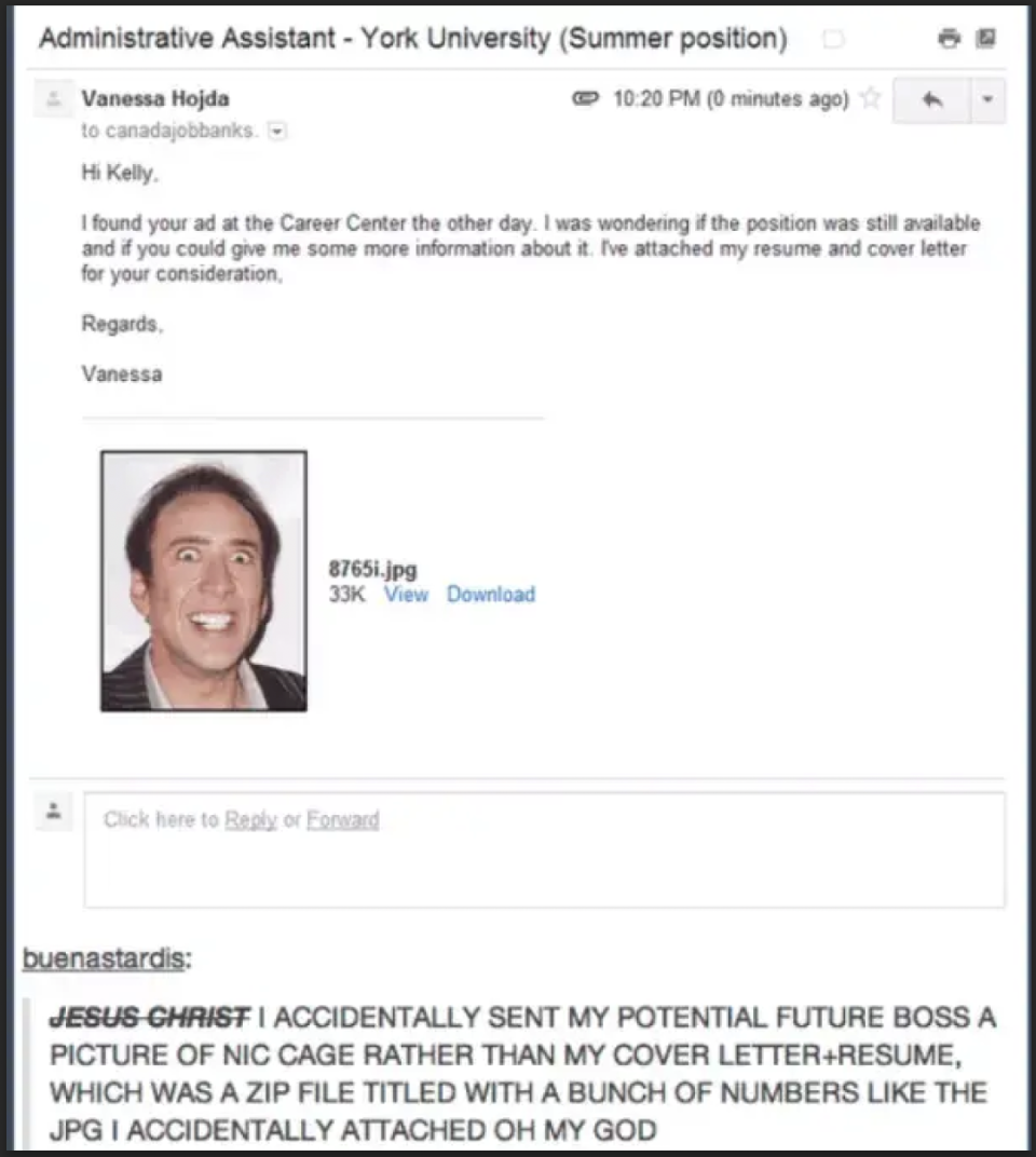 Image depicts a humorous email where a person accidentally attaches a photo of Nic Cage instead of a resume to a job application
