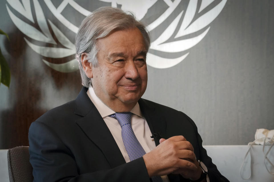 United Nations Secretary-General António Guterres listens during an interview, Wednesday Oct. 21, 2020, at U.N. headquarters. (AP Photo/Bebeto Matthews)
