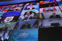 World leaders virtually attend the Leaders Summit on Climate, as seen from the East Room of the White House, Thursday, April 22, 2021, in Washington. (AP Photo/Evan Vucci)