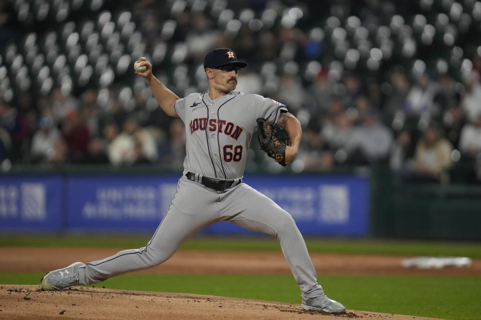 Houston Astros starting pitcher J.P. France throws during the first inning of a baseball game against the Houston Astros, Friday, May 12, 2023, in Chicago. (AP Photo/Erin Hooley)