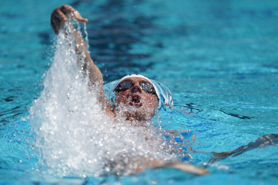 Ryan Lochte competes in the men's 200-meter individual medley time trial at the U.S. national swimming championships in Stanford, Calif., Wednesday, July 31, 2019. Lochte is returning from a 14-month suspension. (AP Photo/David J. Phillip)