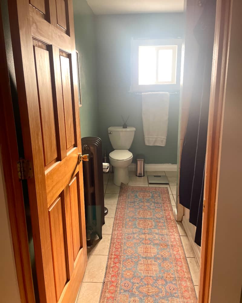 Green painted walls in bathroom before remodel.