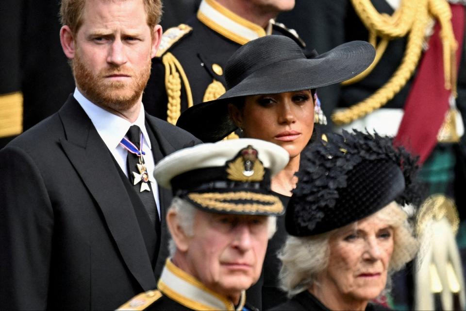 Duchess of Sussex, cries as she, Prince Harry, Queen Camilla and King Charles attend the state funeral and burial of Queen Elizabeth (REUTERS)