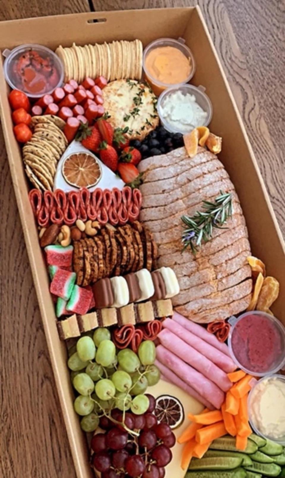 Grazing box with meats, Aldi cheeses, fresh produce and bread