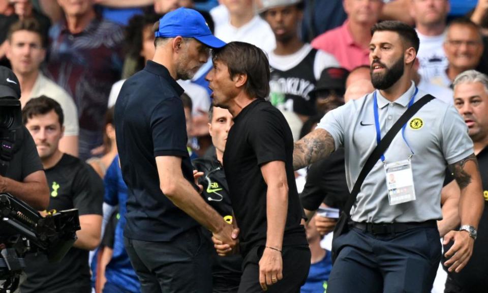 Antonio Conte and Thomas Tuchel in a heated argument after Sunday’s match between Chelsea and Tottenham.
