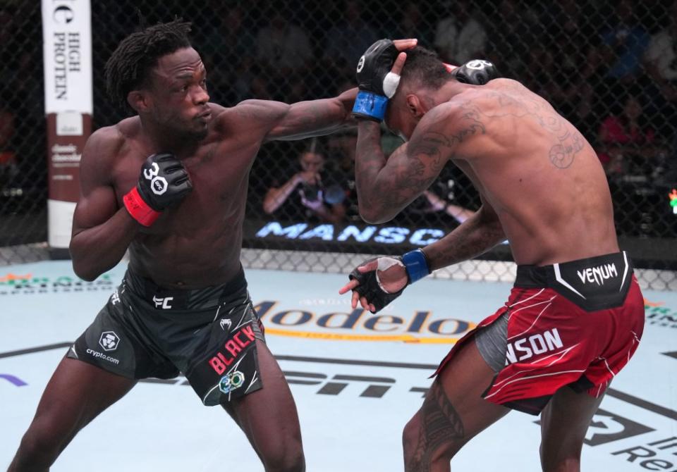 LAS VEGAS, NEVADA – AUGUST 12: (L-R) Da’Mon Blackshear punches Jose Johnson in a bantamweight fight during the UFC Fight Night event at UFC APEX on August 12, 2023 in Las Vegas, Nevada. (Photo by Al Powers/Zuffa LLC via Getty Images)