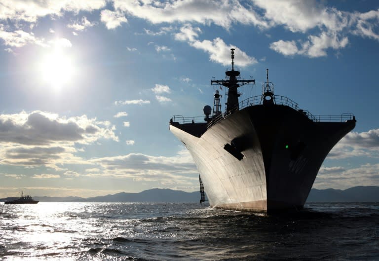 Japanese Maritime Self-Defense Force's tank landing ship Osumi anchors in the Seto Islands Sea, off Otake city in Hiroshima prefecture, western Japan