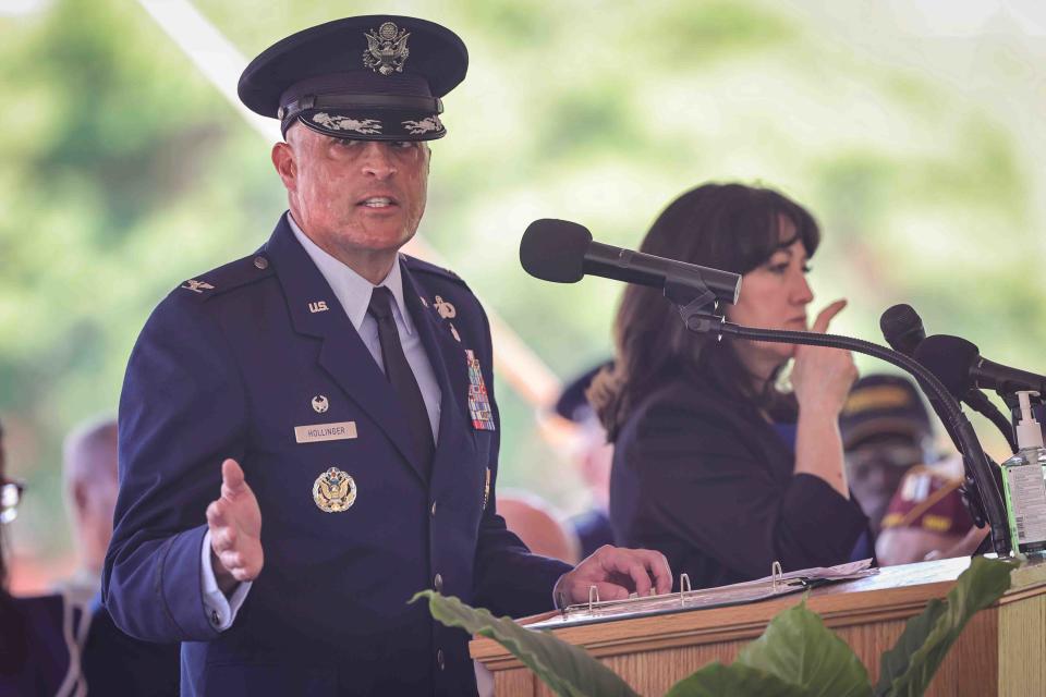 Keynote speaker Air Force Mortuary Affairs Commander Colonel Chip Hollinger gives remarks during a Memorial Day ceremony Monday, May 30, 2022, at War Memorial Plaza near New Castle.