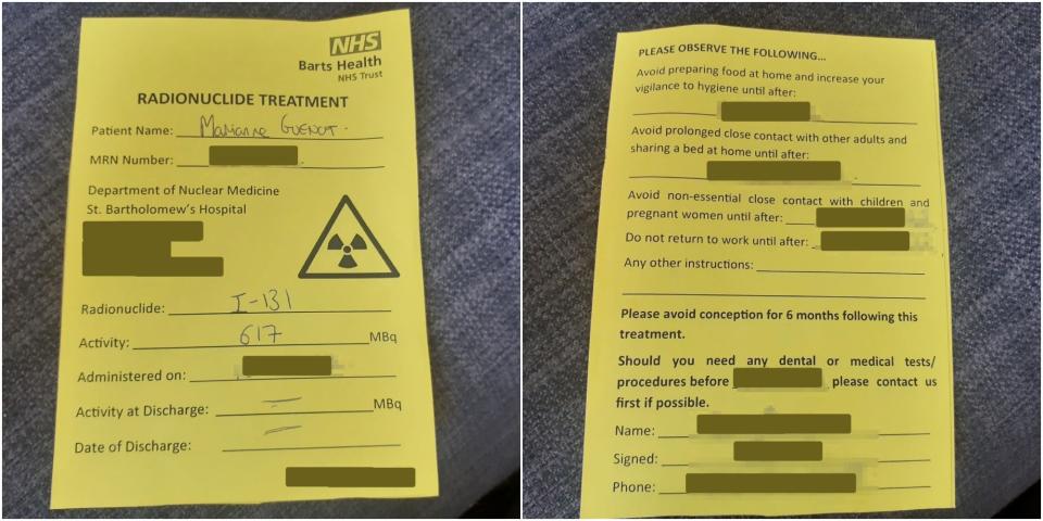 Two pictures side by side show a card laying out the rules to follow during the radioactive iodine treament.