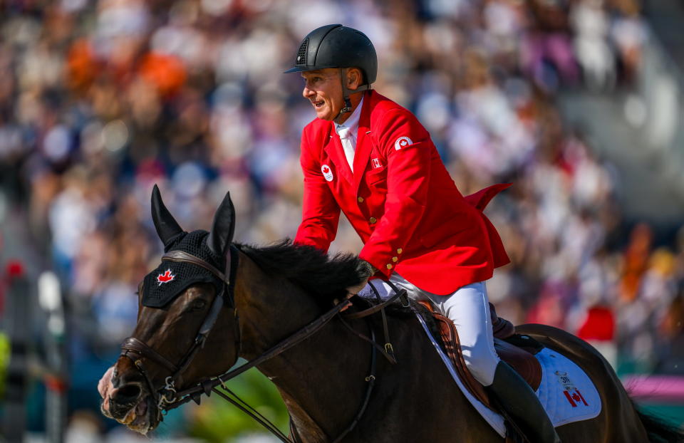 Paris , France - 6 August 2024; Mario Deslauriers of Team Canada riding Emerson in action during the Jumping Individual Final at the Château de Versailles during the 2024 Paris Summer Olympic Games in Paris, France. (Photo By Stephen McCarthy/Sportsfile via Getty Images)