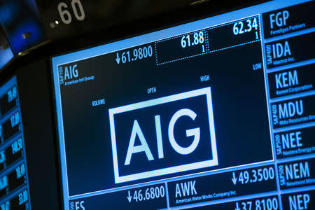 FILE PHOTO - Current information related to insurance company AIG is displayed above the floor of the New York Stock Exchange shortly after the opening bell in New York, U.S. on June 17, 2015. REUTERS/Lucas Jackson/File Photo