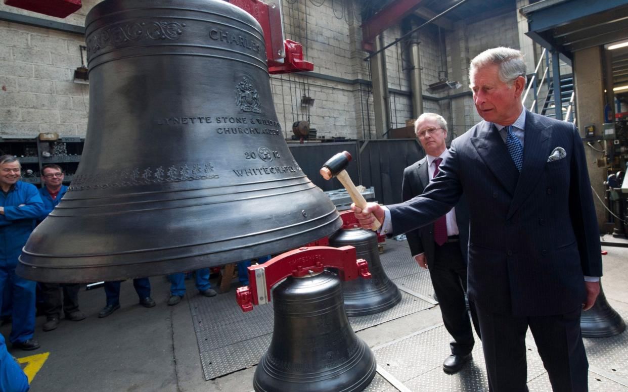  Prince Charles, Prince of Wales (Patron of the Thames Diamond Jubilee Pageant) strikes the the Royal Jubilee Bell named 'Charles' during his visit to the Whitechapel Bell Foundry, Whitechapel Road on May 15, 2012 in London, England.  - Getty Images 