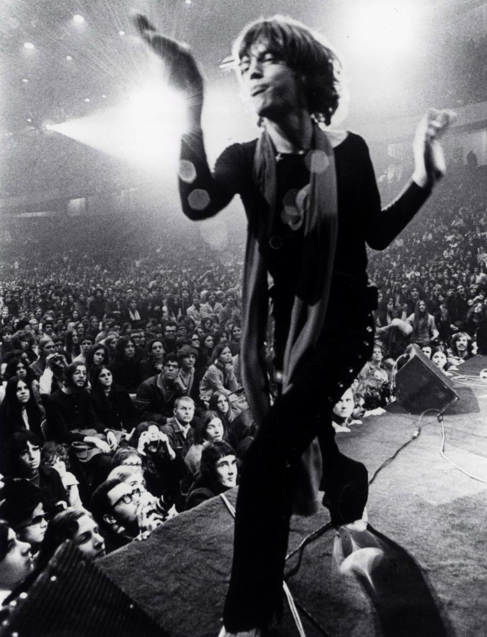 Mick Jagger in a scene from the motion picture "Gimme Shelter," on stage at one of the last shows of the Rolling Stones’ 1969 tour.