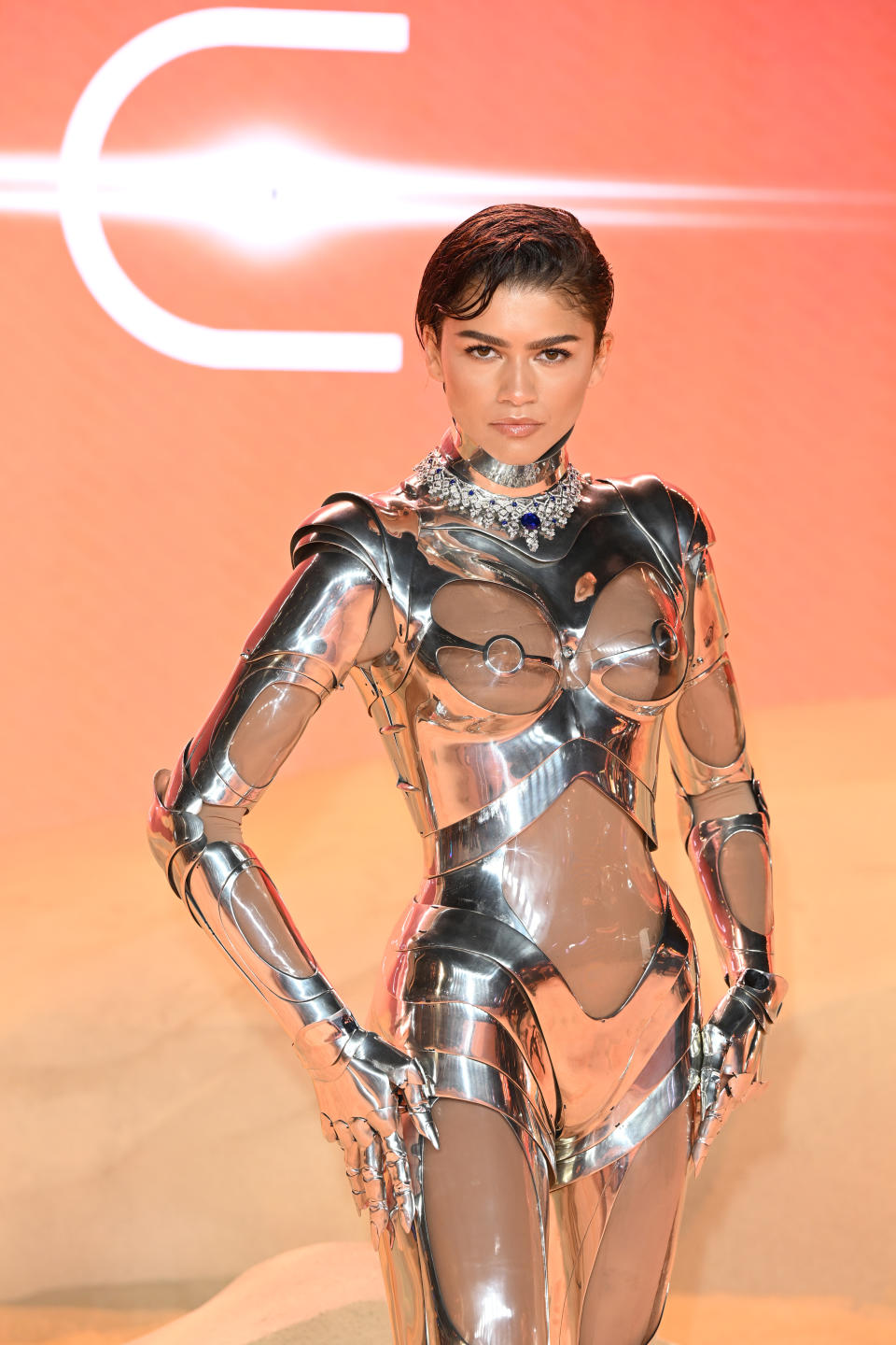 mugler see through robot suit, LONDON, ENGLAND - FEBRUARY 15: Zendaya attends the World Premiere of "Dune: Part Two" at Leicester Square on February 15, 2024 in London, England. (Photo by Jeff Spicer/Getty Images for Warner Bros. Pictures)