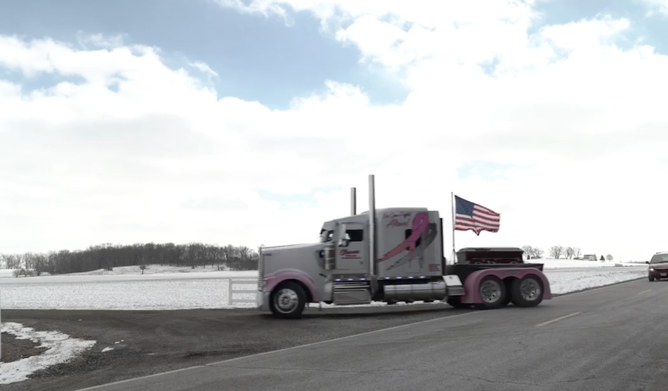 Mark Shuman’s family paid tribute to his work with a convoy of semis heading to his funeral. (Photo: Facebook/Luke Shuman)