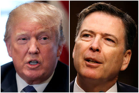 A combination of file photos show U.S. President Donald Trump in the White House in Washington, DC, U.S. April 9, 2018 and former FBI Director James Comey on Capitol Hill in Washington, U.S., June 8, 2017. REUTERS/Carlos Barria, Jonathan Ernst/Files