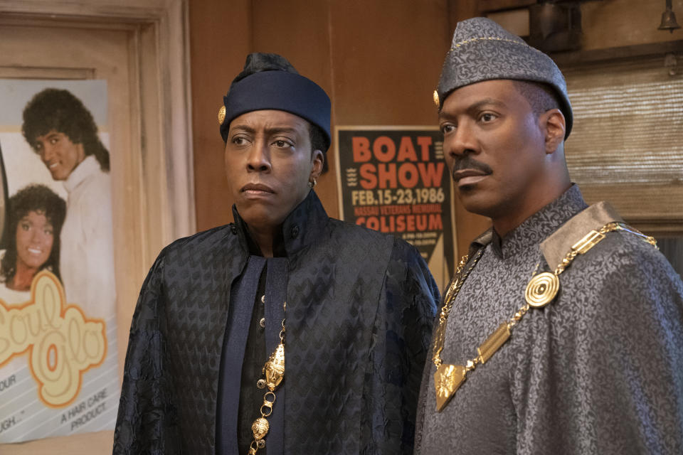 Arsenio Hall, left, and Eddie Murphy appear in a scene from "Coming 2 America." (Quantrell D. Colbert/Paramount Pictures via AP)