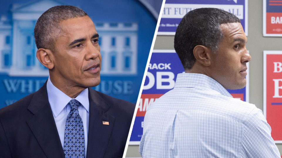 OT Fagbenle (R) as Barack Obama in The First Lady. (Getty/Paramount+)