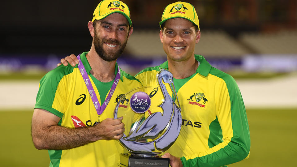 Glenn Maxwell and Alex Carey, pictured here celebrating with the series trophy.