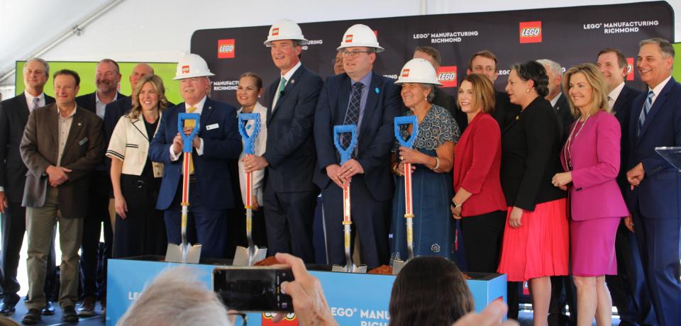 VIPs strike a pose at the LEGO Manufacturing Richmond groundbreaking ceremony in Chester, Va. on April 13, 2023.