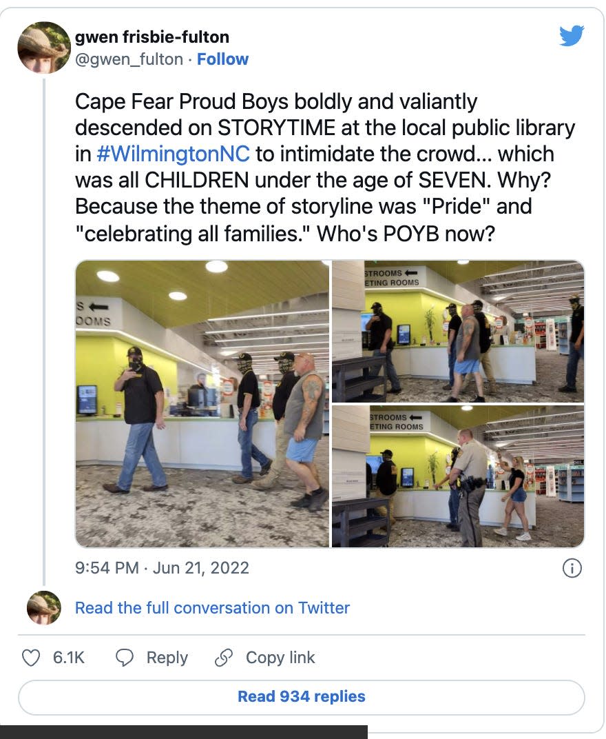 Tweeted photos of Cape Fear Proud Boys arriving at a June 21, 2022 LGBTQ storytelling event for young children at a library in Wilmington, NC.