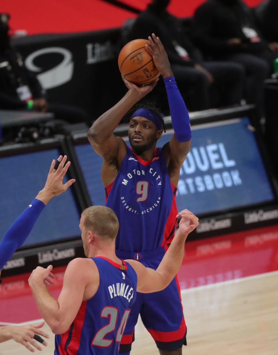 Detroit Pistons forward Jerami Grant shoots against the Philadelphia 76ers during the second quarter at Little Caesars Arena, Saturday, Jan. 23, 2021.