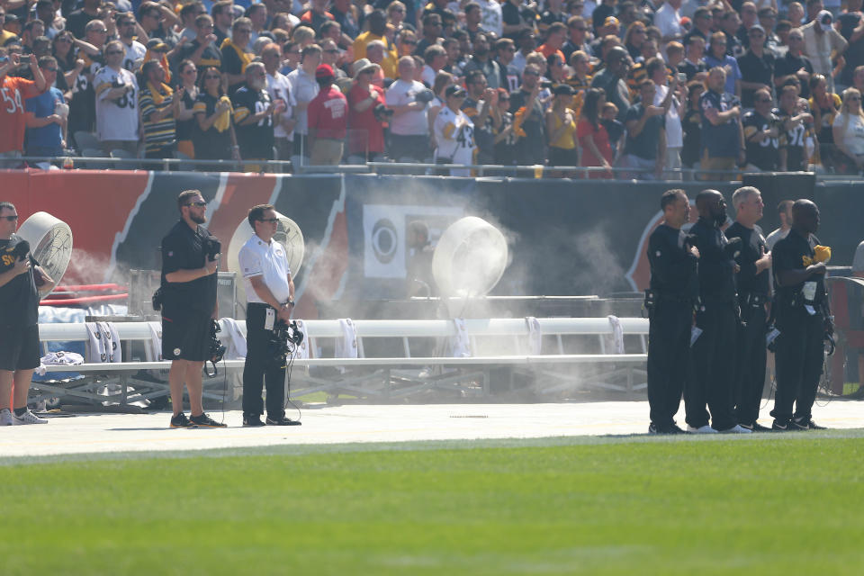 The Pittsburgh Steelers' bench was empty during the national anthem at Chicago's Soldier Field on Sunday. (Photo: USA Today Sports / Reuters)