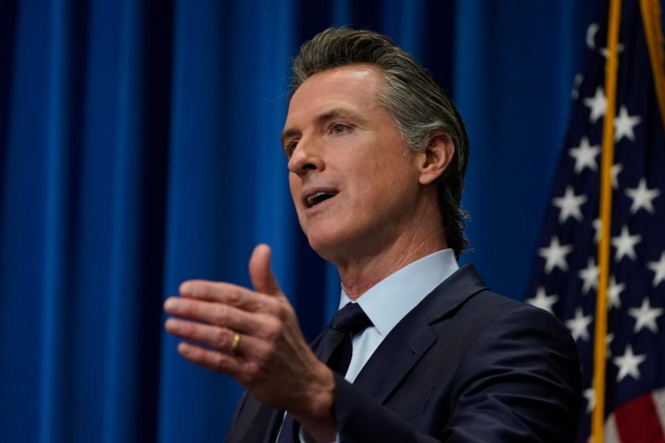 California Gov. Gavin Newsom outlines his 2021-2022 state budget proposal during a news conference in Sacramento, Calif.