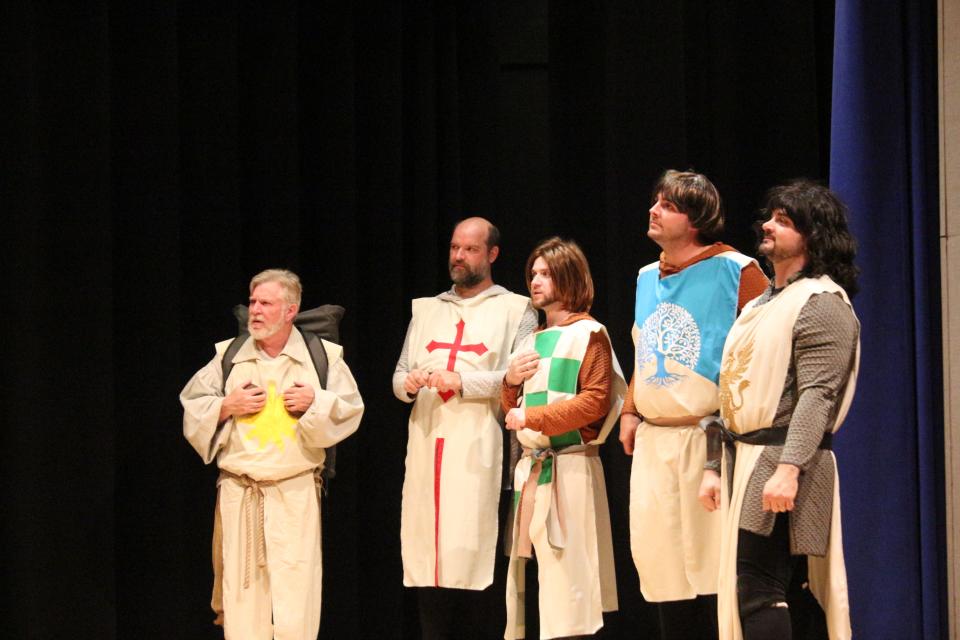 From left, Gary Swanson as Patsy, Raymond Johnson as Sir Galahad, Isaac Swanson as Sir Robin, James Gillis as Sir Bedevere, and James Lamoureux as Sir Lancelot.